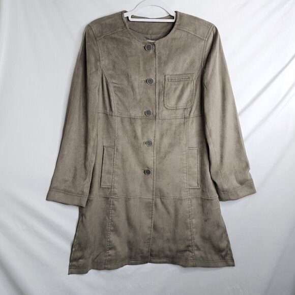J. Jill Faux Suede Jacket Trench Coat TAUPE BEIGE size XS Retro Preppy Fall Chic - Picture 2 of 6